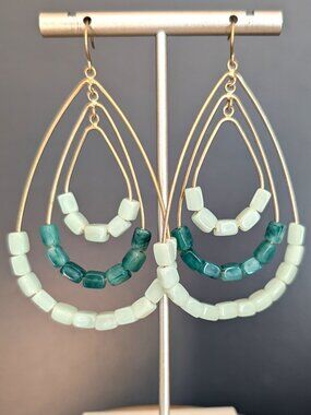 Triple tear drop hoop earrings with light and dark green beads
